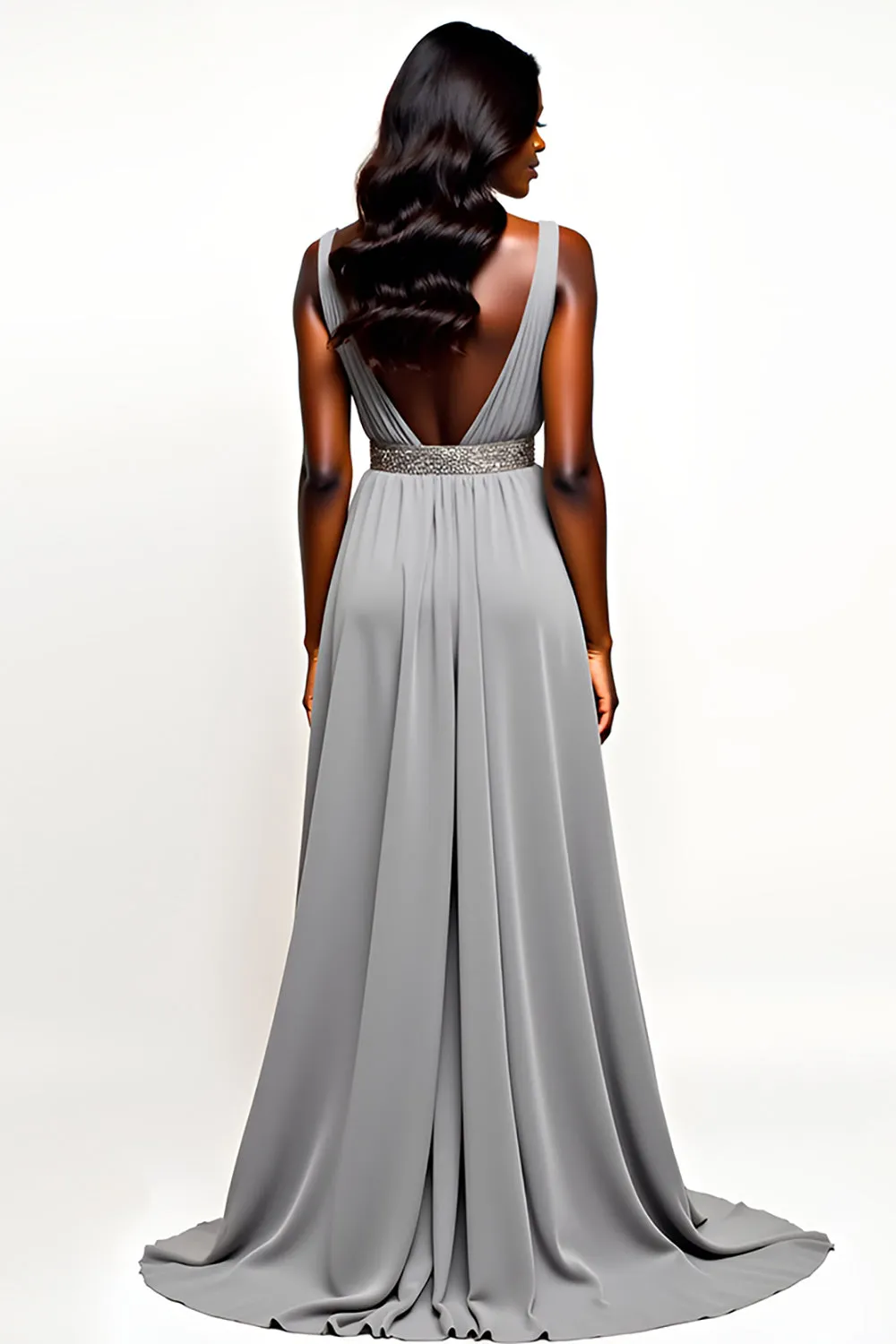 Grey Open Back V-Neck Long Wedding Guest Dress sold by Zapaka product image thumbnail 5