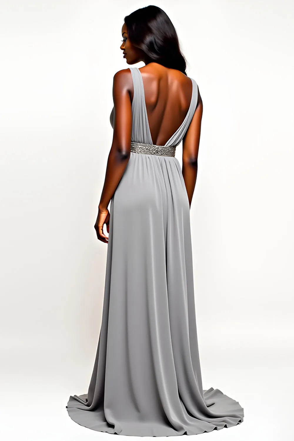 Grey Open Back V-Neck Long Wedding Guest Dress sold by Zapaka product image thumbnail 2