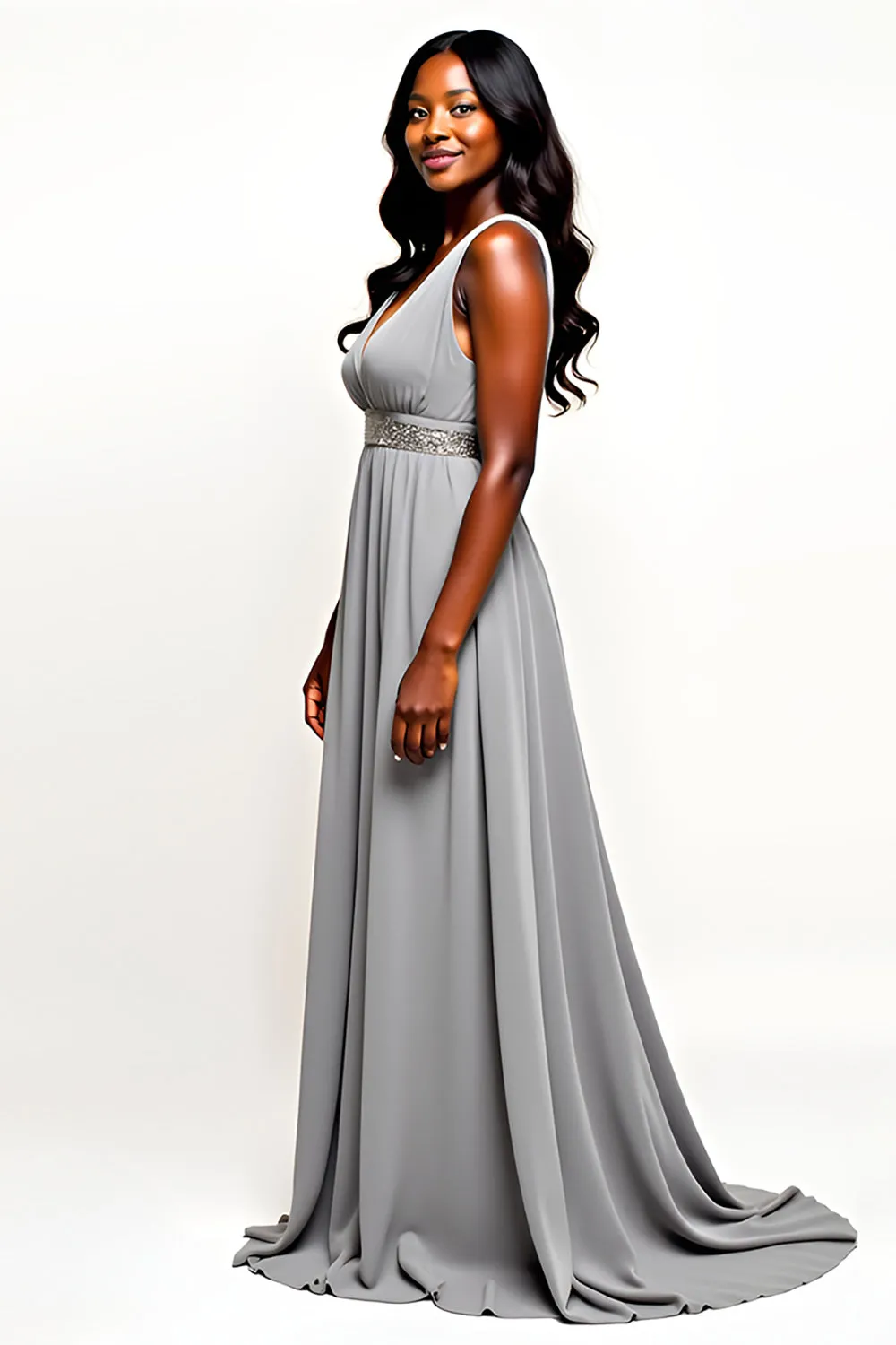 Grey Open Back V-Neck Long Wedding Guest Dress sold by Zapaka product image thumbnail 3