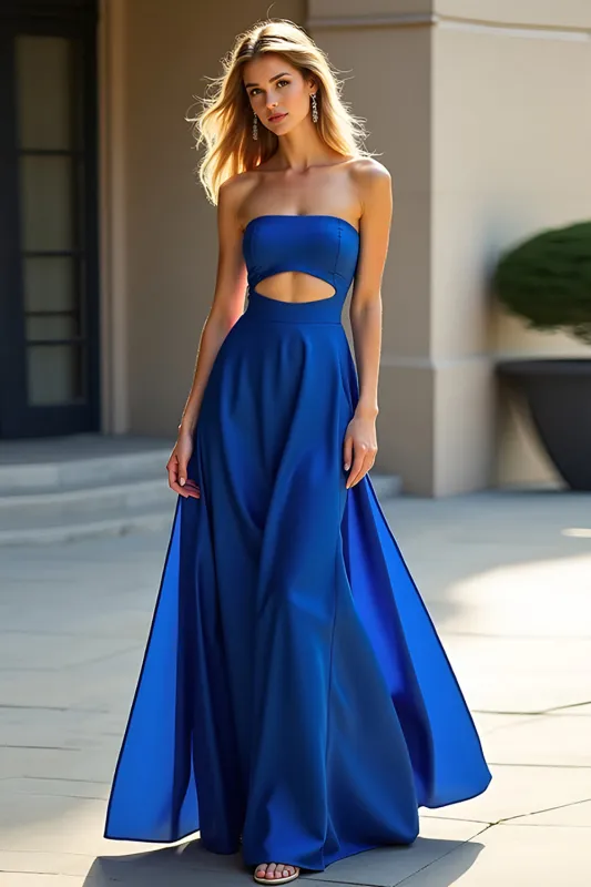 Royal Blue Satin Strapless A-Line Cut Out Long Wedding Guest Dress sold by Zapaka