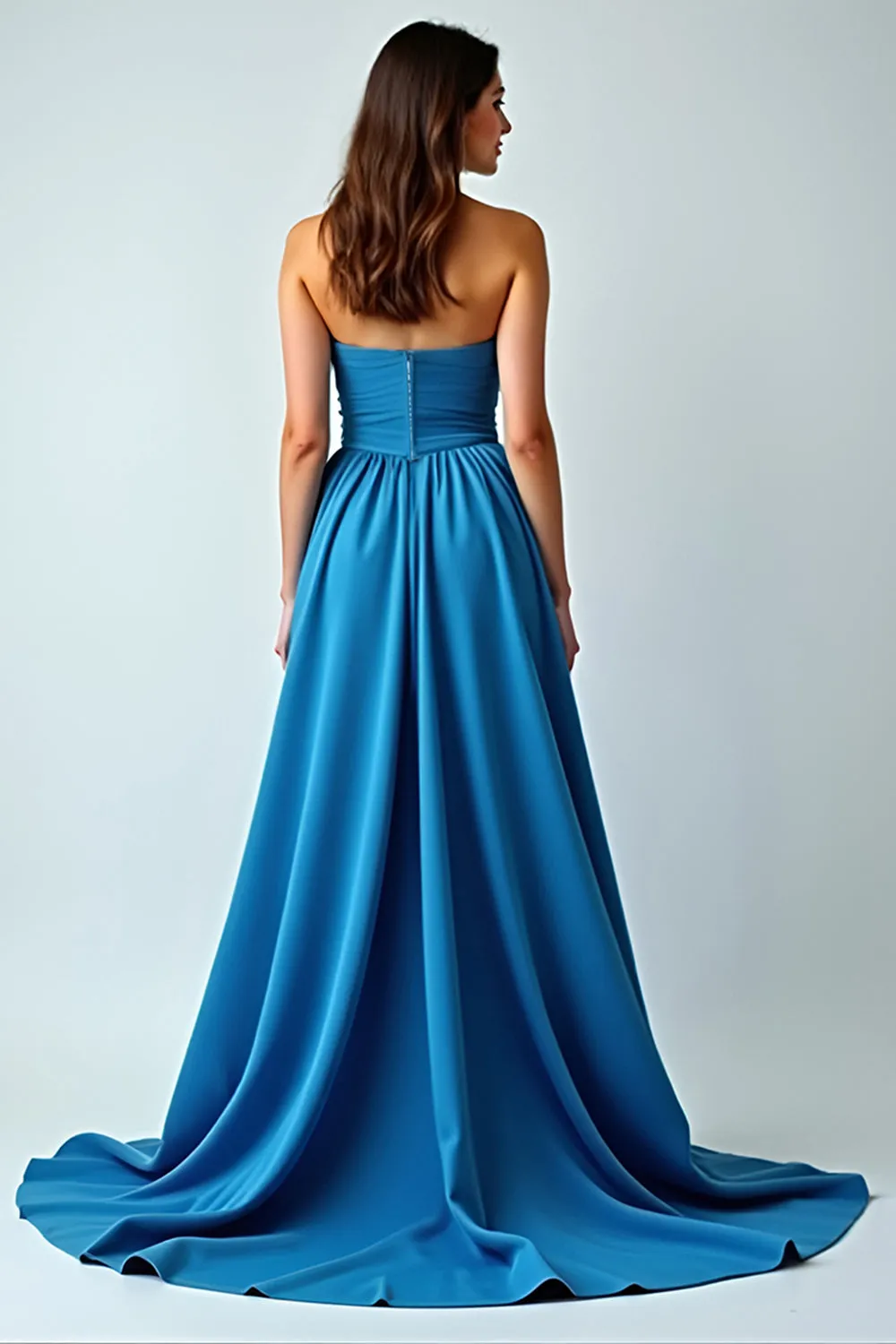Blue Satin Strapless A-Line Ruched Long Wedding Guest Dress with Slit sold by Zapaka product image thumbnail 2