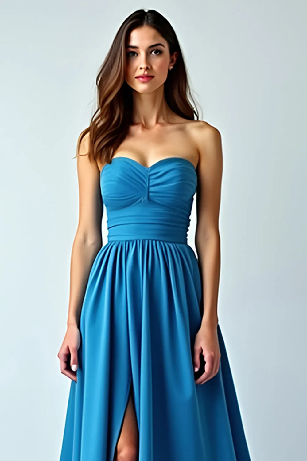 Blue Satin Strapless A-Line Ruched Long Wedding Guest Dress with Slit sold by Zapaka product image thumbnail 3