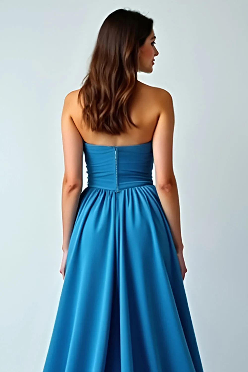 Blue Satin Strapless A-Line Ruched Long Wedding Guest Dress with Slit sold by Zapaka product image thumbnail 4