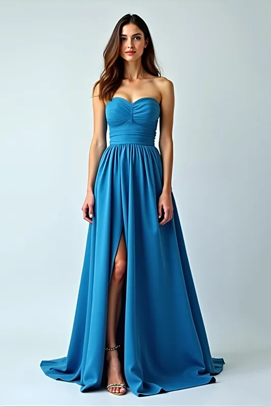Blue Satin Strapless A-Line Ruched Long Wedding Guest Dress with Slit made by Zapaka