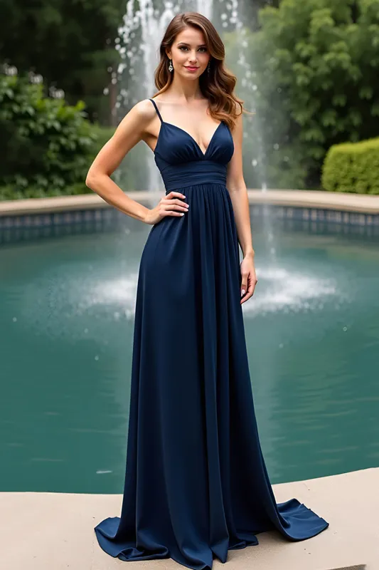 Navy Open Back Spaghetti Straps A-Line Long Wedding Guest Dress sold by Zapaka