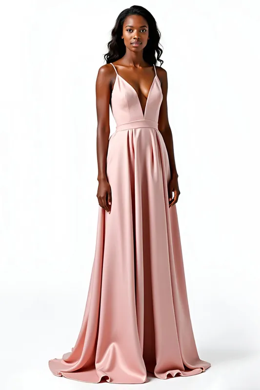 Blush Open Back Satin Spaghetti Straps A-Line Long Wedding Guest Dress sold by Zapaka