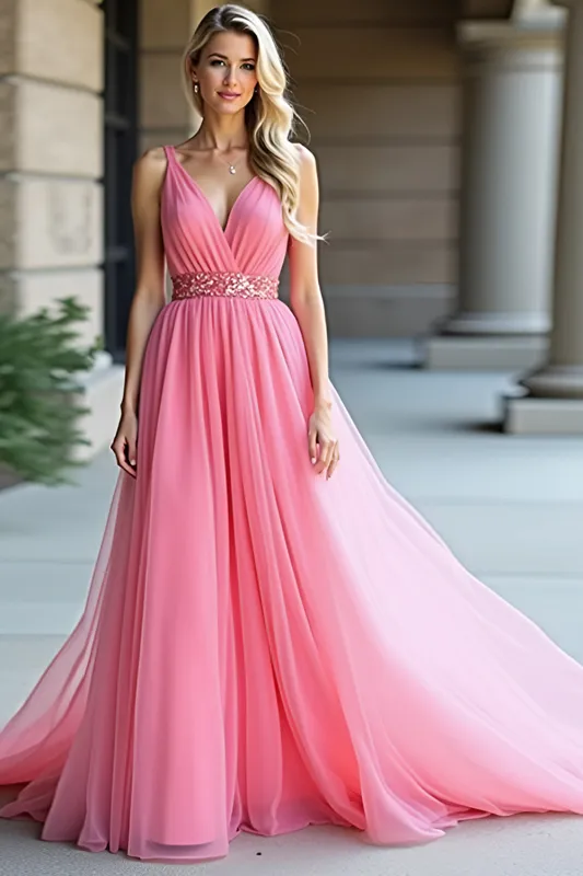 Pink Tulle V-Neck A-Line Ruched Long Wedding Guest Dress sold by Zapaka