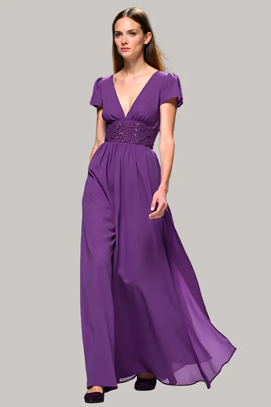 Purple V-Neck Ruched Long Wedding Guest Dress with Short Sleeves sold by Zapaka