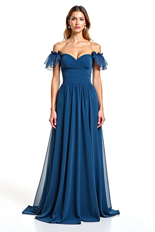 Ink Blue Tulle Off the Shoulder A-Line Ruched Long Wedding Guest Dress sold by Zapaka
