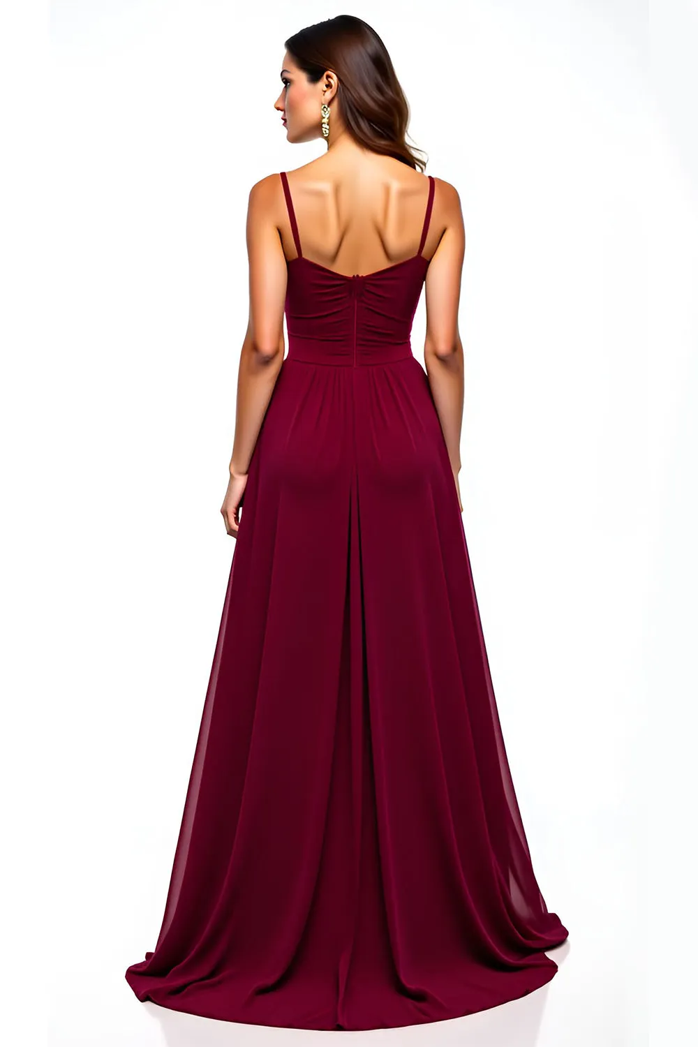 Burgundy Tulle Ruched Spaghetti Straps A-Line Long Wedding Guest Dress sold by Zapaka product image thumbnail 2