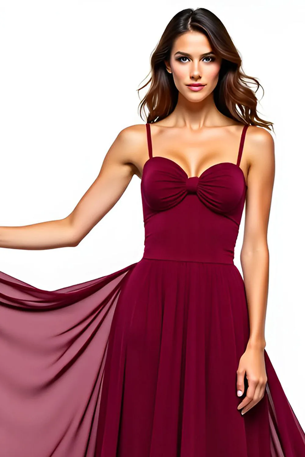 Burgundy Tulle Ruched Spaghetti Straps A-Line Long Wedding Guest Dress sold by Zapaka product image thumbnail 3