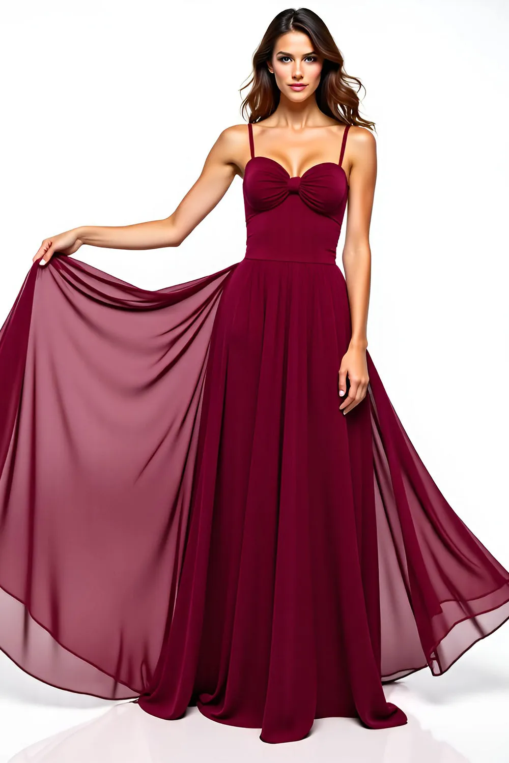 Burgundy Tulle Ruched Spaghetti Straps A-Line Long Wedding Guest Dress sold by Zapaka