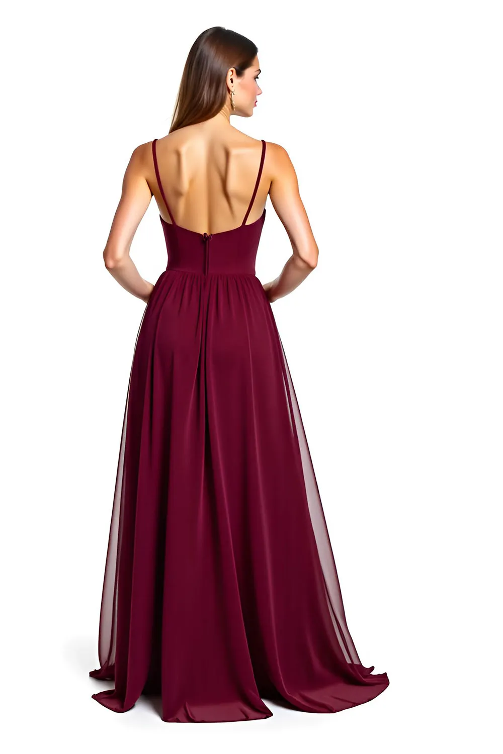 Burgundy Open Back Tulle Spaghetti Straps Ruched Long Wedding Guest Dress sold by Zapaka product image thumbnail 3