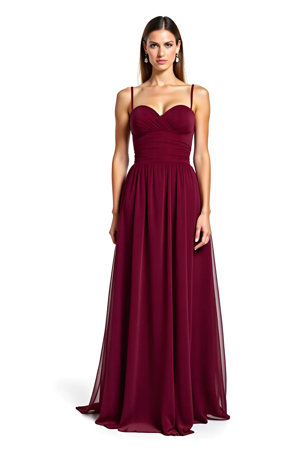 Burgundy Open Back Tulle Spaghetti Straps Ruched Long Wedding Guest Dress sold by Zapaka