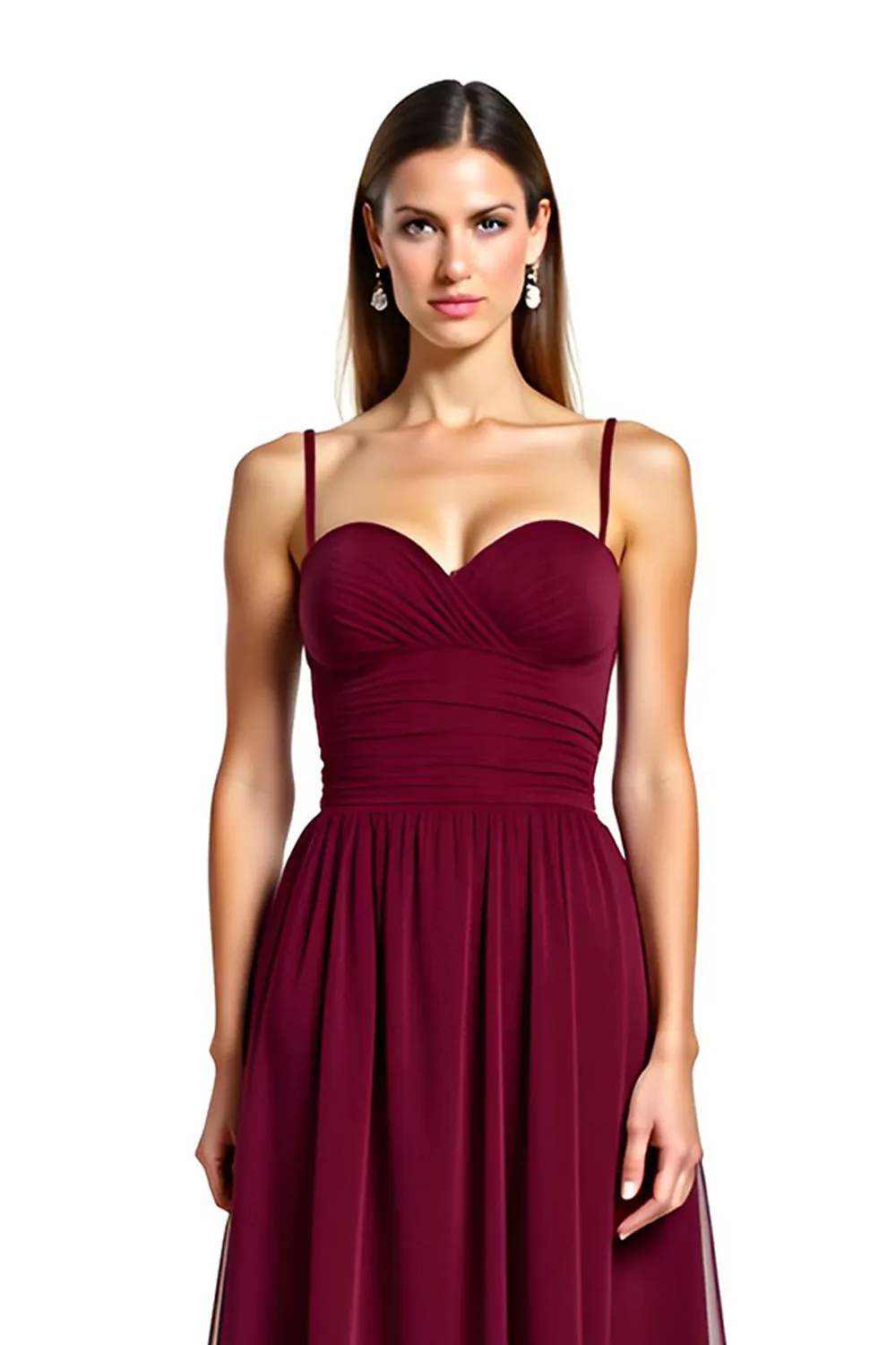 Burgundy Open Back Tulle Spaghetti Straps Ruched Long Wedding Guest Dress sold by Zapaka product image thumbnail 2