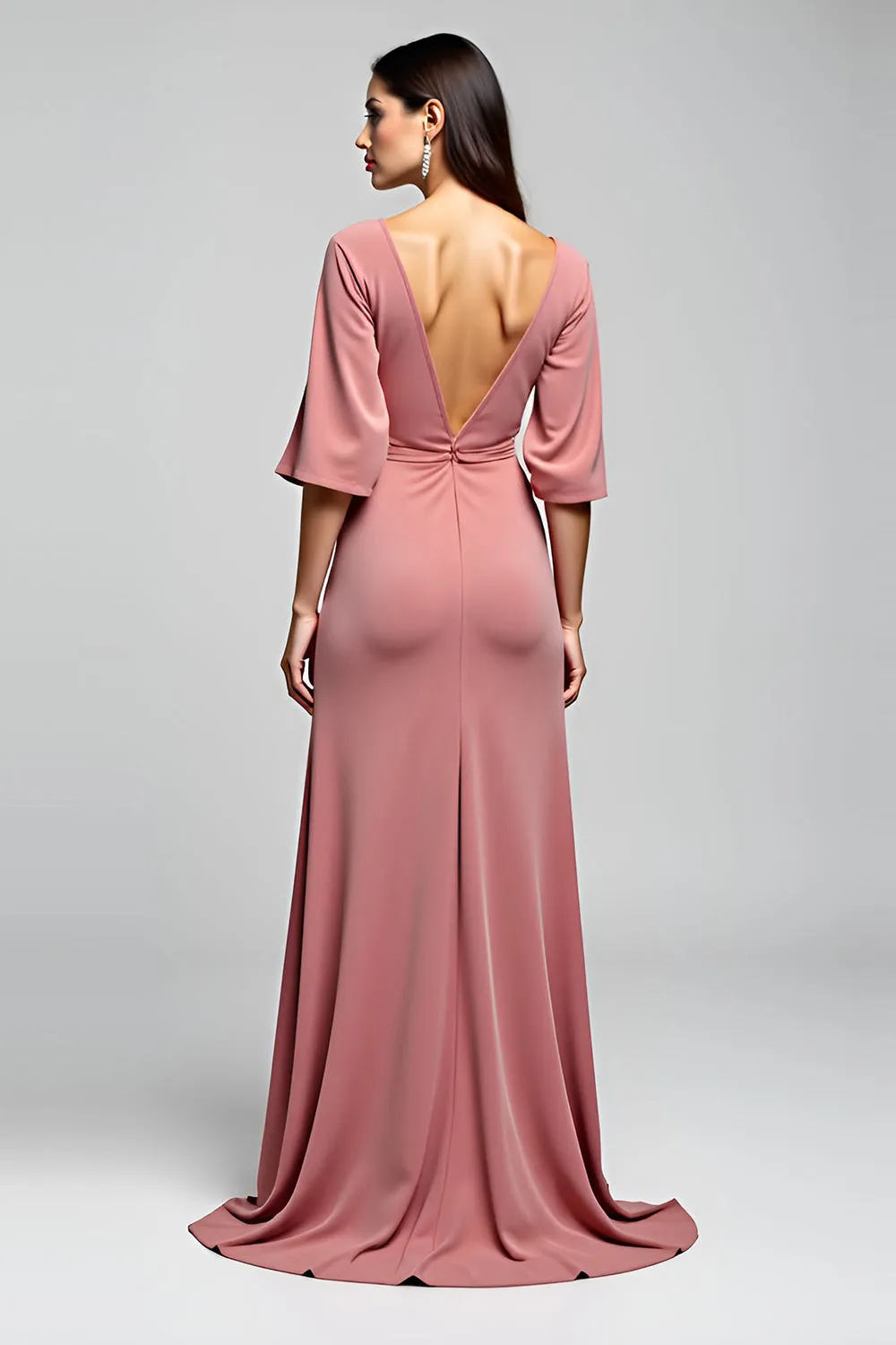 Dusty Rose Open Back V-Neck Long Wedding Guest Dress with Slit sold by Zapaka product image thumbnail 2