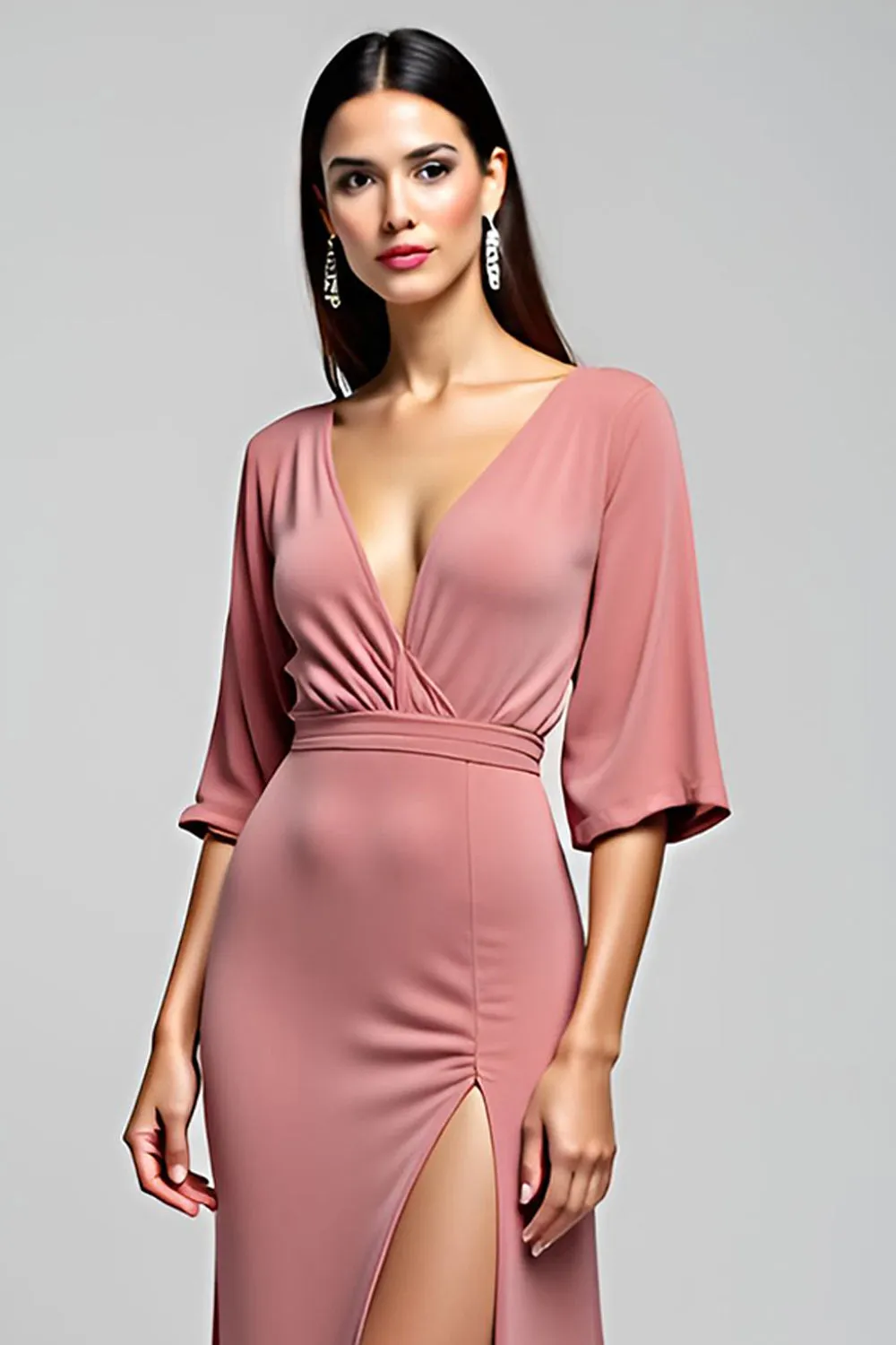Dusty Rose Open Back V-Neck Long Wedding Guest Dress with Slit sold by Zapaka product image thumbnail 3