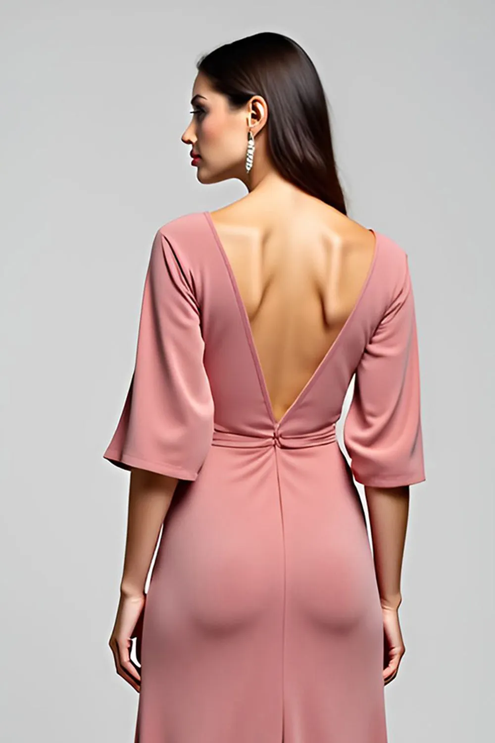 Dusty Rose Open Back V-Neck Long Wedding Guest Dress with Slit sold by Zapaka product image thumbnail 4