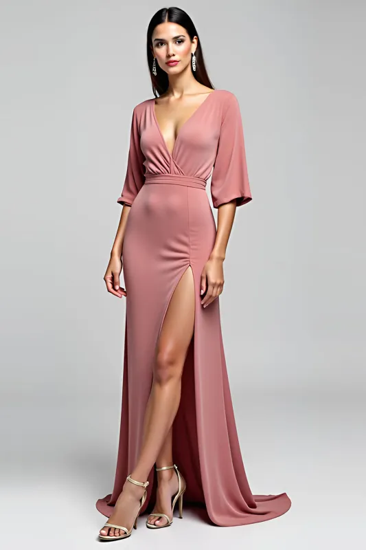 Dusty Rose Open Back V-Neck Long Wedding Guest Dress with Slit sold by Zapaka