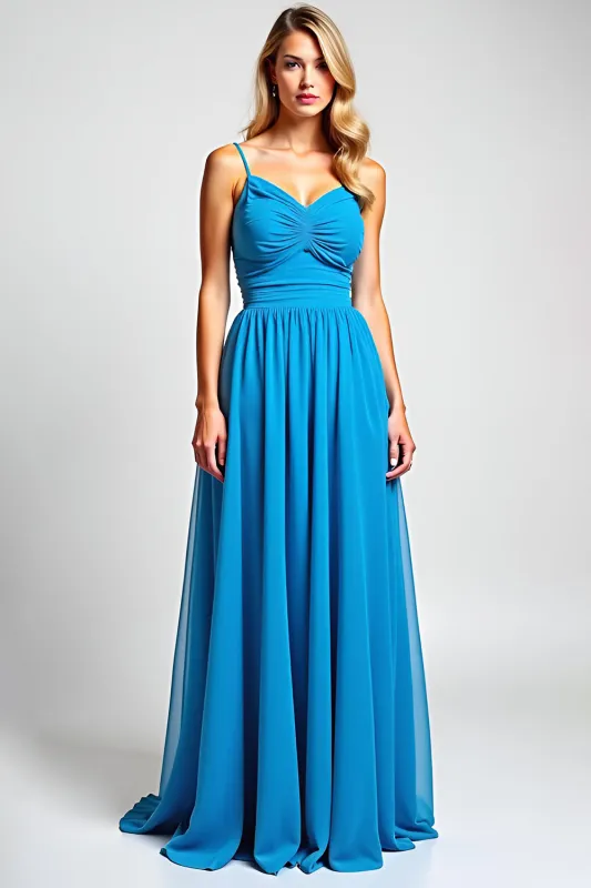 Blue A-Line Spaghetti Straps Ruched Chiffon Long Bridesmaid Dress sold by Zapaka