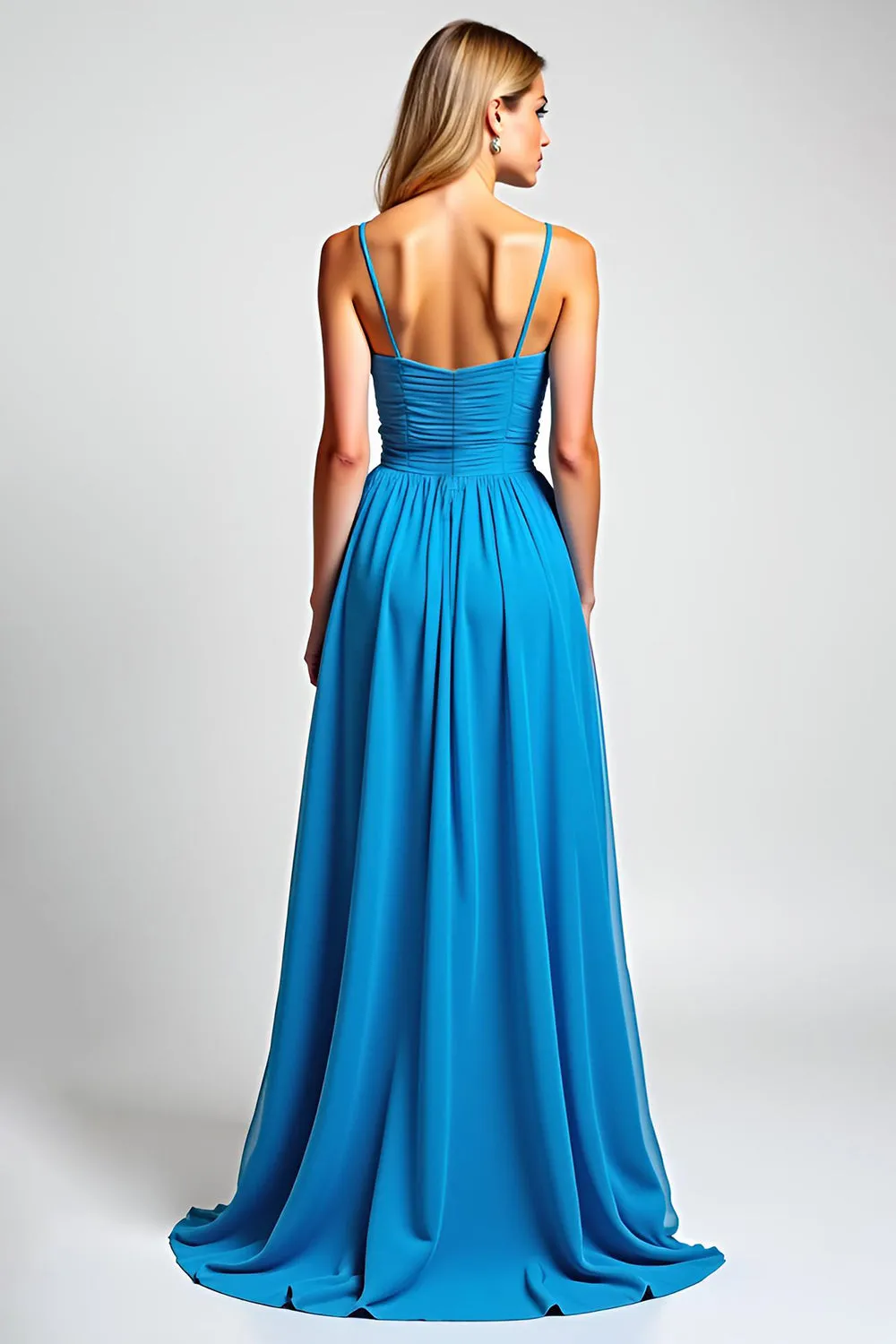 Blue A-Line Spaghetti Straps Ruched Chiffon Long Bridesmaid Dress sold by Zapaka product image thumbnail 2