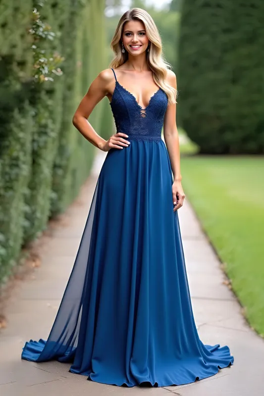 Dark Blue A-Line Chiffon Spaghetti Straps Long Bridesmaid Dress sold by Zapaka
