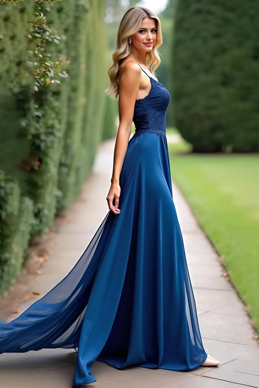 Dark Blue A-Line Chiffon Spaghetti Straps Long Bridesmaid Dress sold by Zapaka product image thumbnail 2