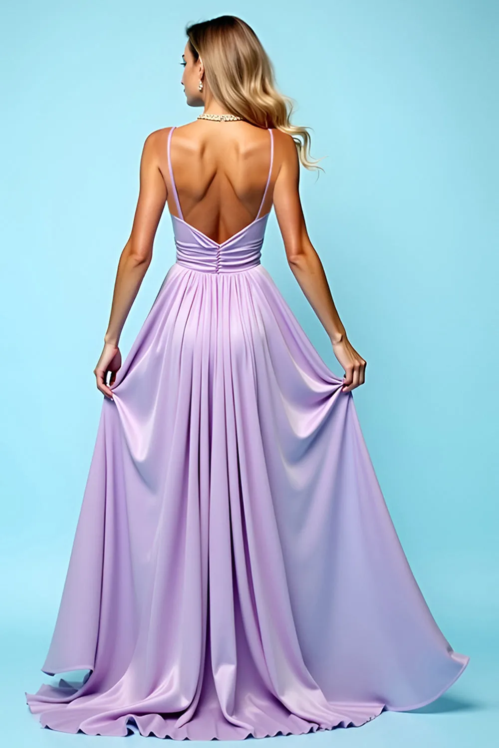 Lilac A-Line Open Back Spaghetti Straps Ruched Long Bridesmaid Dress with Slit sold by Zapaka product image thumbnail 2