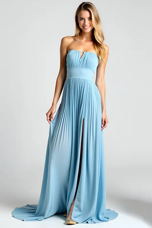 Blue Open Back Strapless A-Line Ruched Long Bridesmaid Dress with Slit sold by Zapaka
