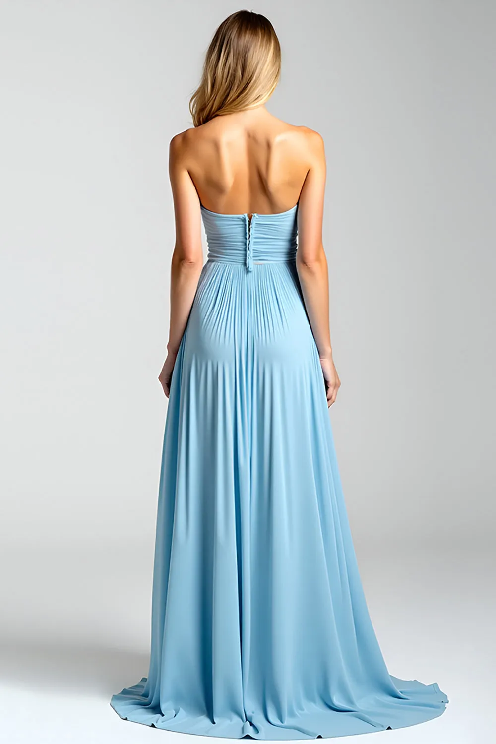 Blue Open Back Strapless A-Line Ruched Long Bridesmaid Dress with Slit sold by Zapaka product image thumbnail 2