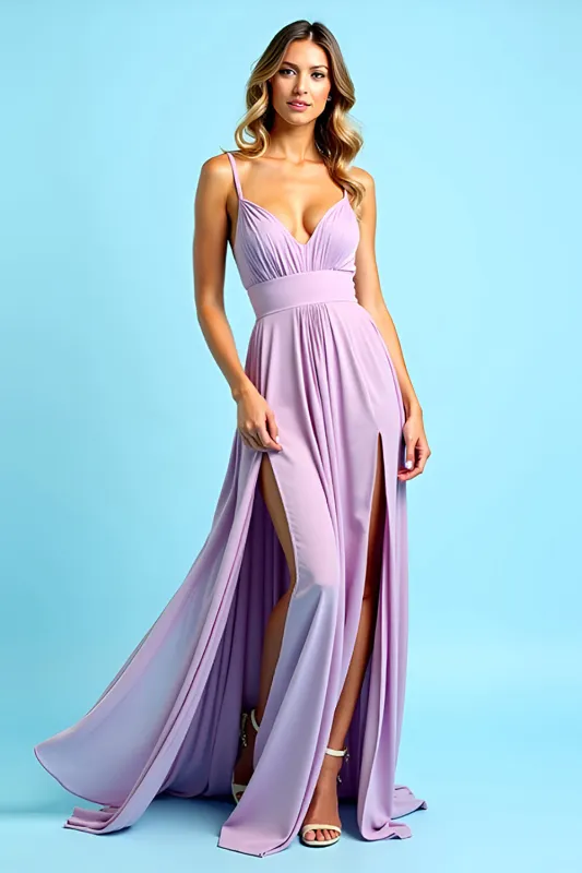 Lilac Open Back Ruched Spaghetti Strapless Long Bridesmaid Dress with Slit sold by Zapaka