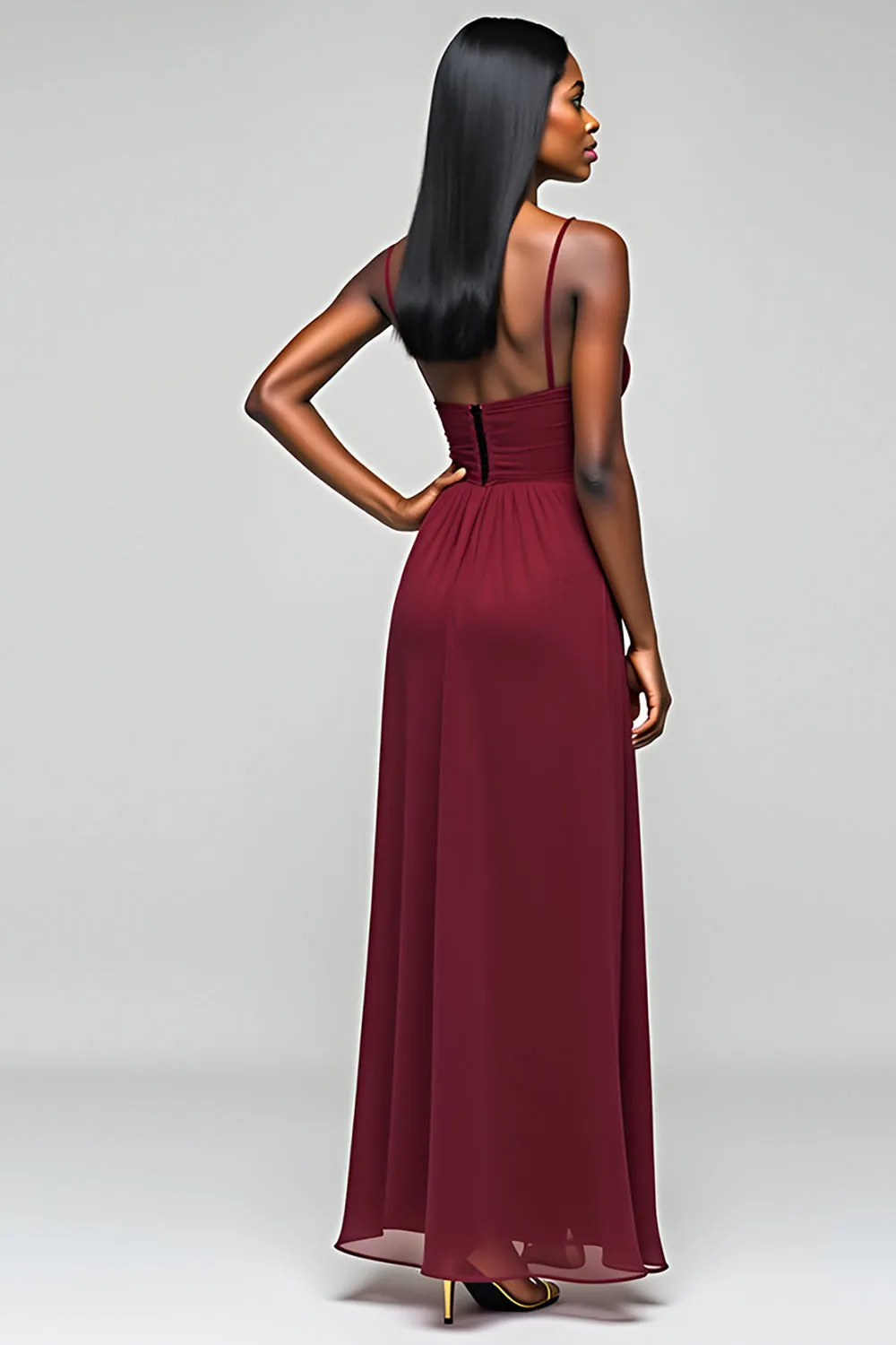 Burgundy Open Back Ruched Spaghetti Strapless Long Bridesmaid Dress sold by Zapaka product image thumbnail 2