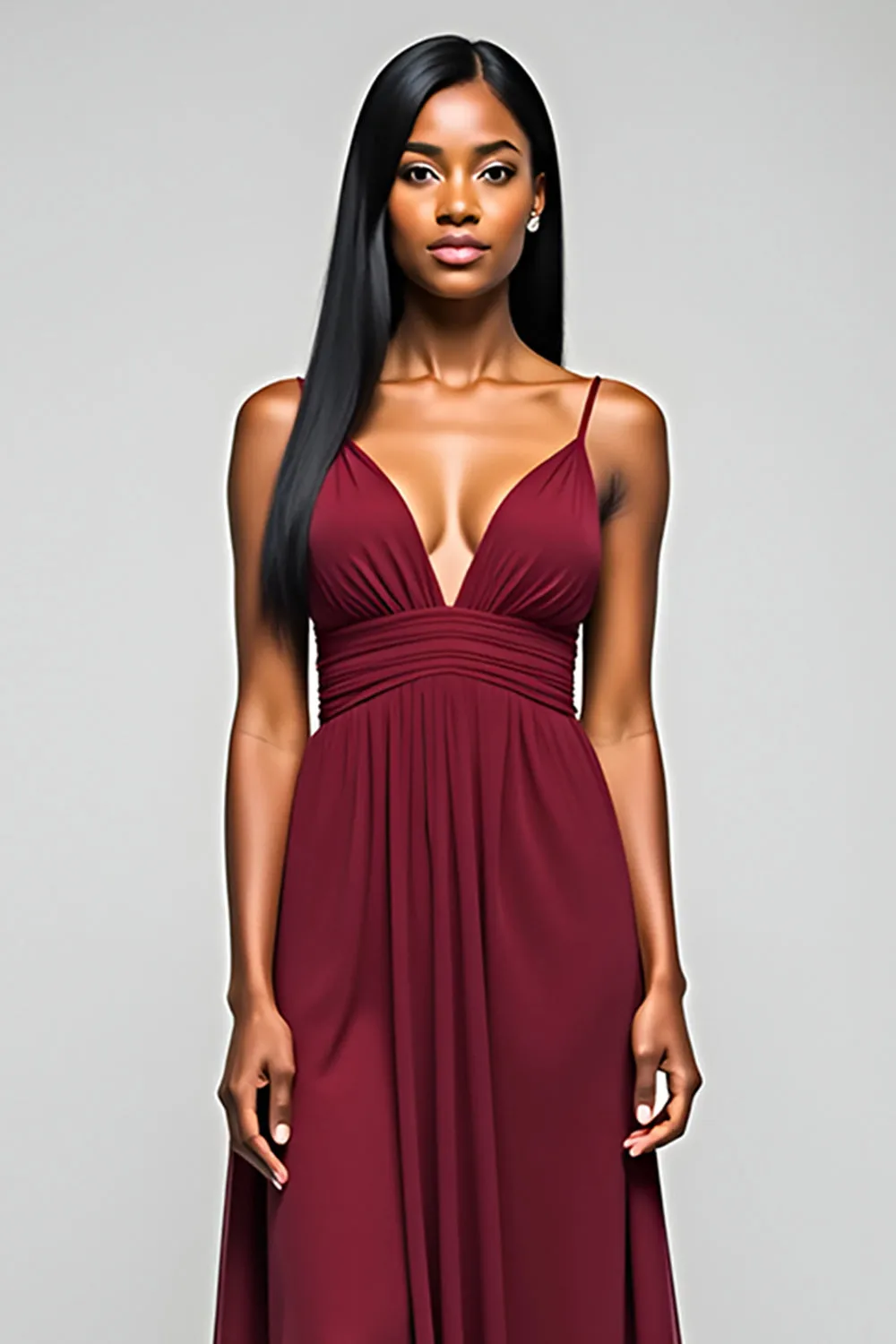 Burgundy Open Back Ruched Spaghetti Strapless Long Bridesmaid Dress sold by Zapaka product image thumbnail 3