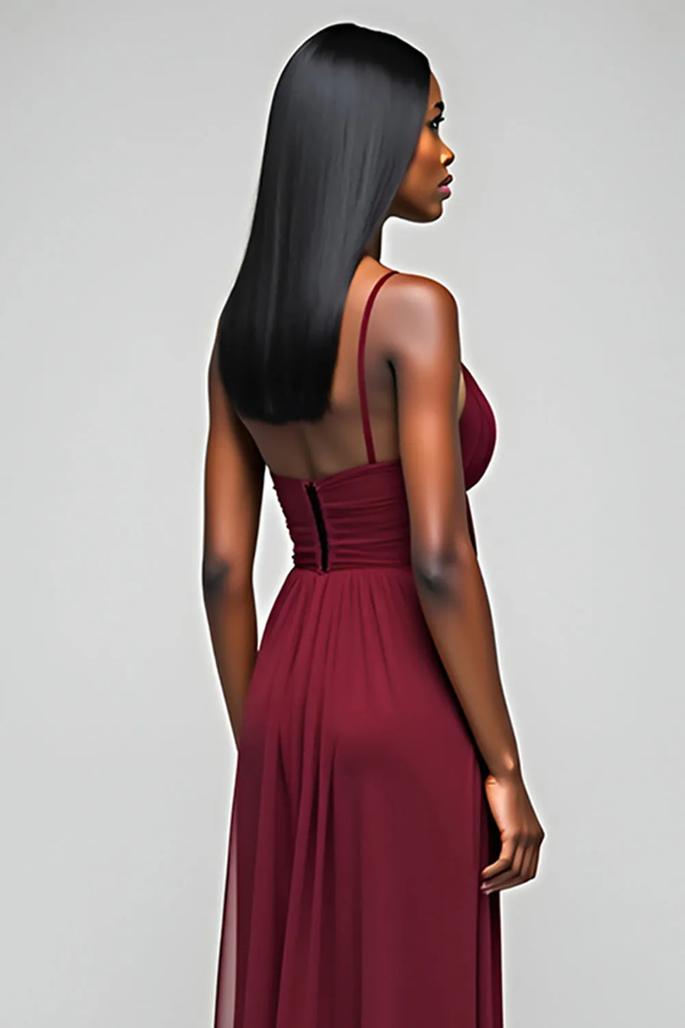 Burgundy Open Back Ruched Spaghetti Strapless Long Bridesmaid Dress sold by Zapaka product image thumbnail 4