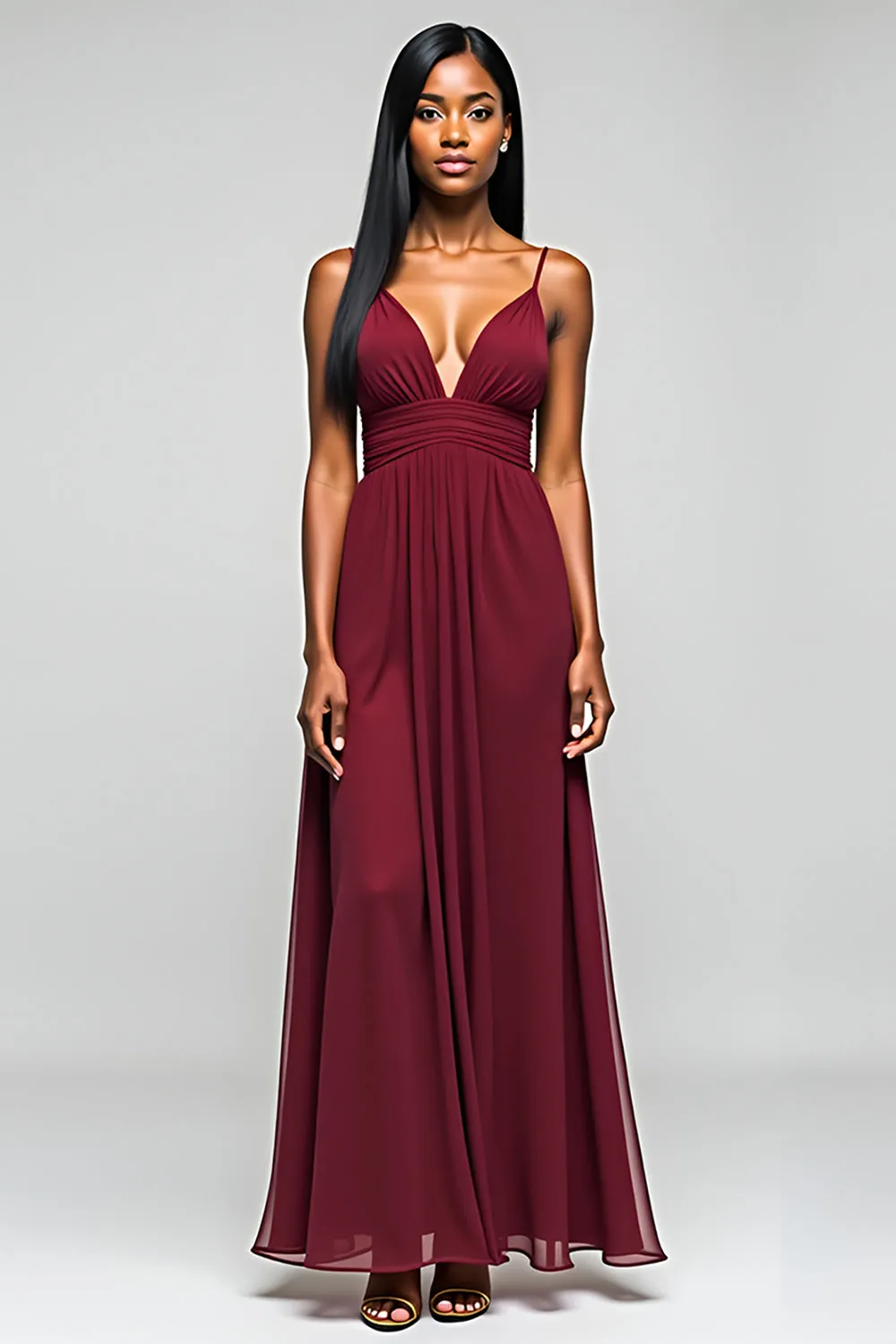 Burgundy Open Back Ruched Spaghetti Strapless Long Bridesmaid Dress sold by Zapaka