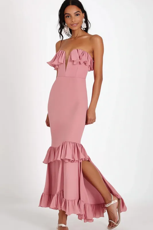 Mermaid Pink Strapless Sequin Long Formal Dress with Slit sold by Zapaka