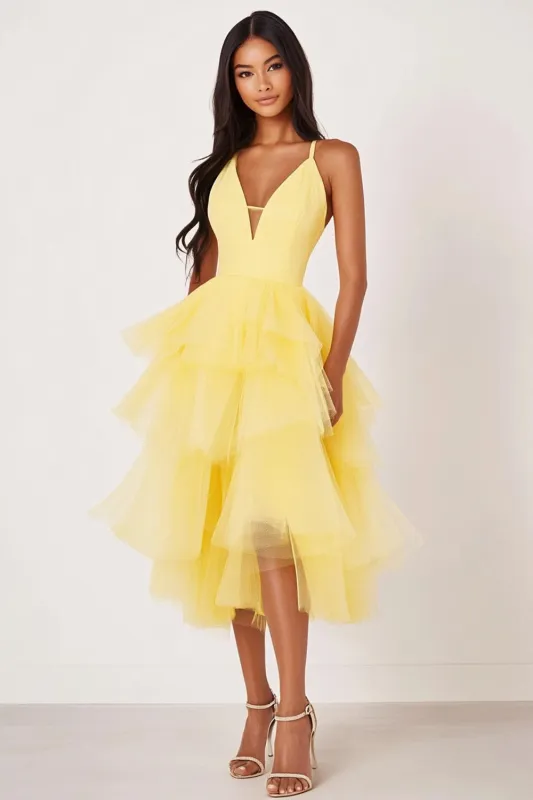 Yellow Spaghetti Straps A Line Tulle Long Formal Dress sold by Zapaka