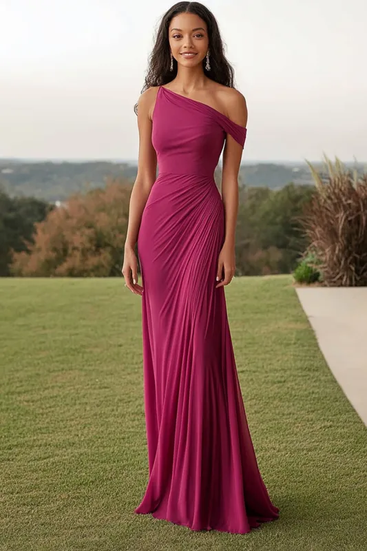 Sheath Purplish One Shoulder Red Jersey Long Formal Dress sold by Zapaka