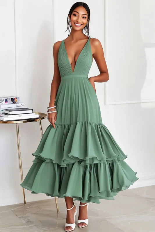 A Line Green Spaghetti Straps Pleated Long Chiffon Long Formal Dress sold by Zapaka