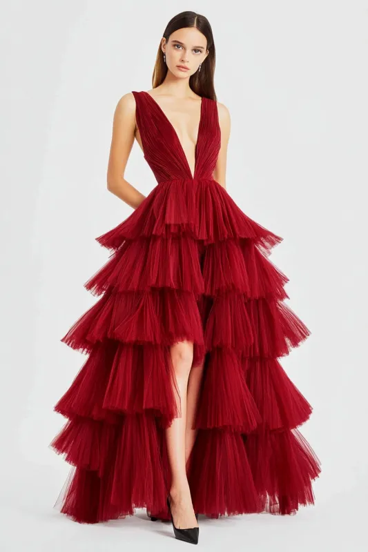 A Line Red Spaghetti Straps Tulle Formal Dress with Slit sold by Zapaka
