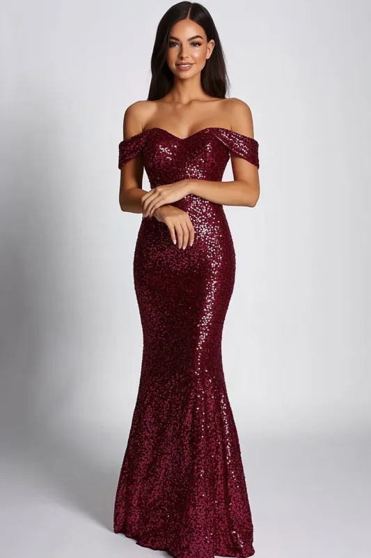 Sparkly Burgundy Mermaid Sequin Long Formal Dress sold by Zapaka