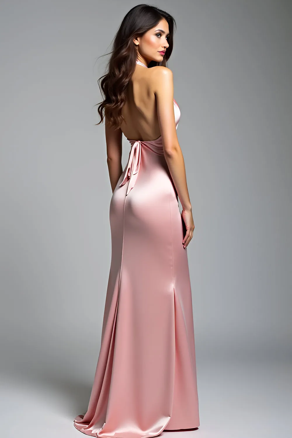 Pink Satin Halter Mermaid Long Formal Dress sold by Zapaka product image thumbnail 3