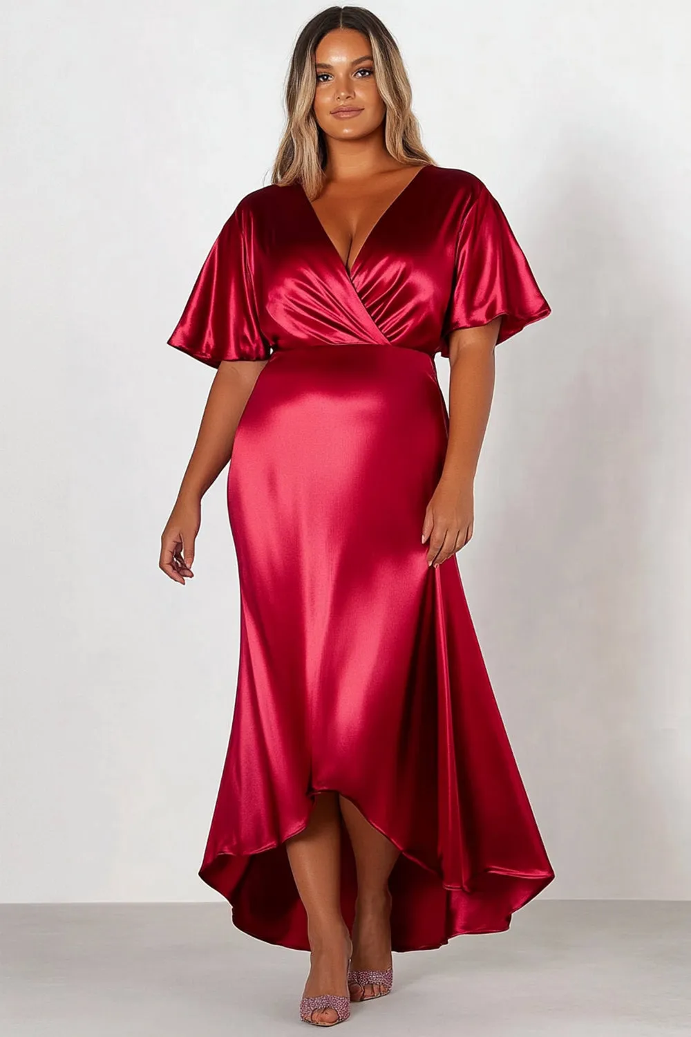 Sheath Red Satin Short Sleeves V Neck Long Formal Dress sold by Zapaka