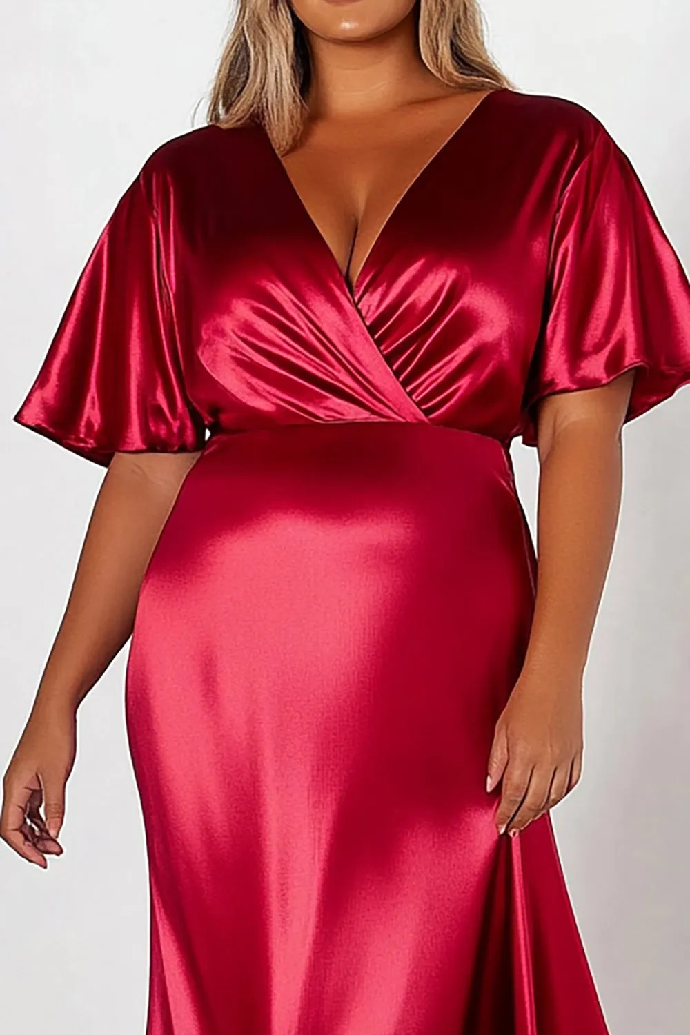 Sheath Red Satin Short Sleeves V Neck Long Formal Dress sold by Zapaka product image thumbnail 2