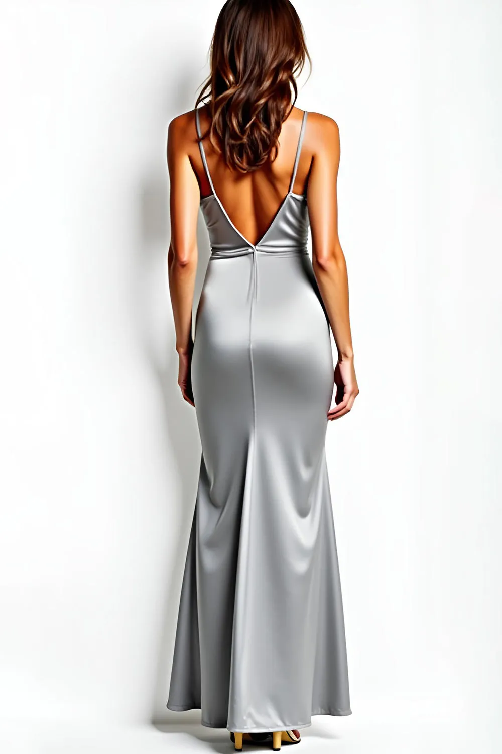 Sheath Grey Spaghetti Straps Stretch Satin Long Formal Dress with Slit sold by Zapaka product image thumbnail 2