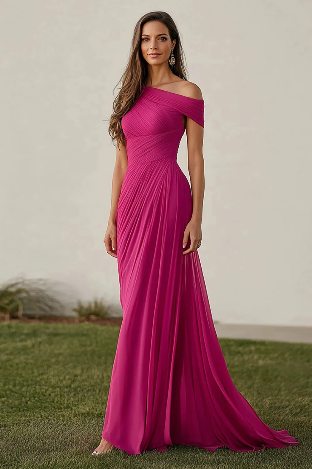Sheath Fuchsia Chiffon One Shoulder Pleaed Long Formal Dress sold by Zapaka