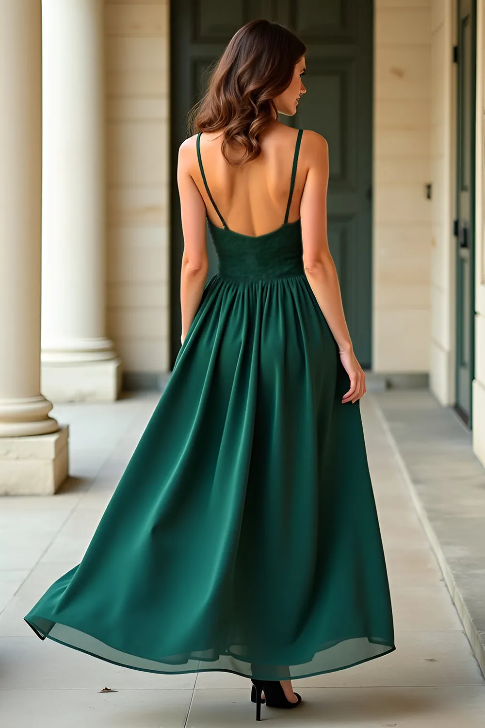 A Line Dark Green Spaghetti Straps Lace Long Formal Dress sold by Zapaka product image thumbnail 2