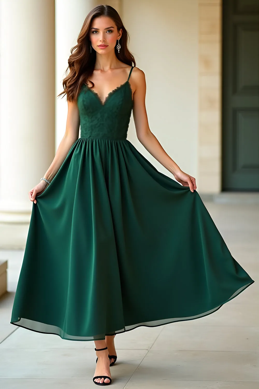 A Line Dark Green Spaghetti Straps Lace Long Formal Dress sold by Zapaka product image thumbnail 3