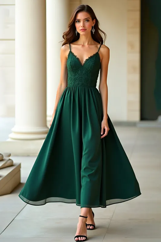 A Line Dark Green Spaghetti Straps Lace Long Formal Dress sold by Zapaka