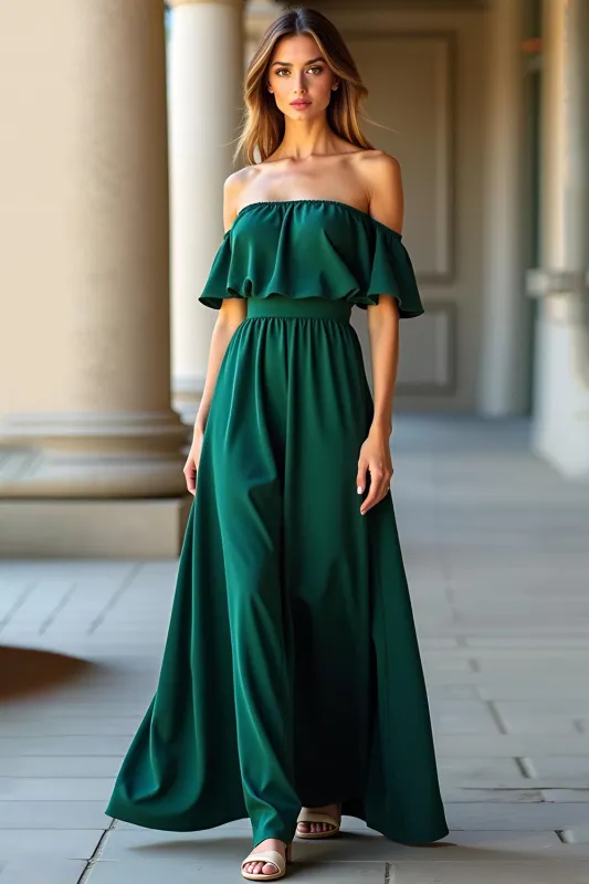 Dark Green Off the Shoulder A Line Long Formal Dress sold by Zapaka